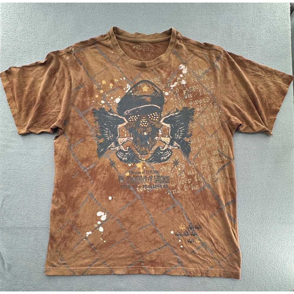 Request Y2K Graphic Tee Mens 2XL Acid Wash Skull Eagle Commander of Darkness